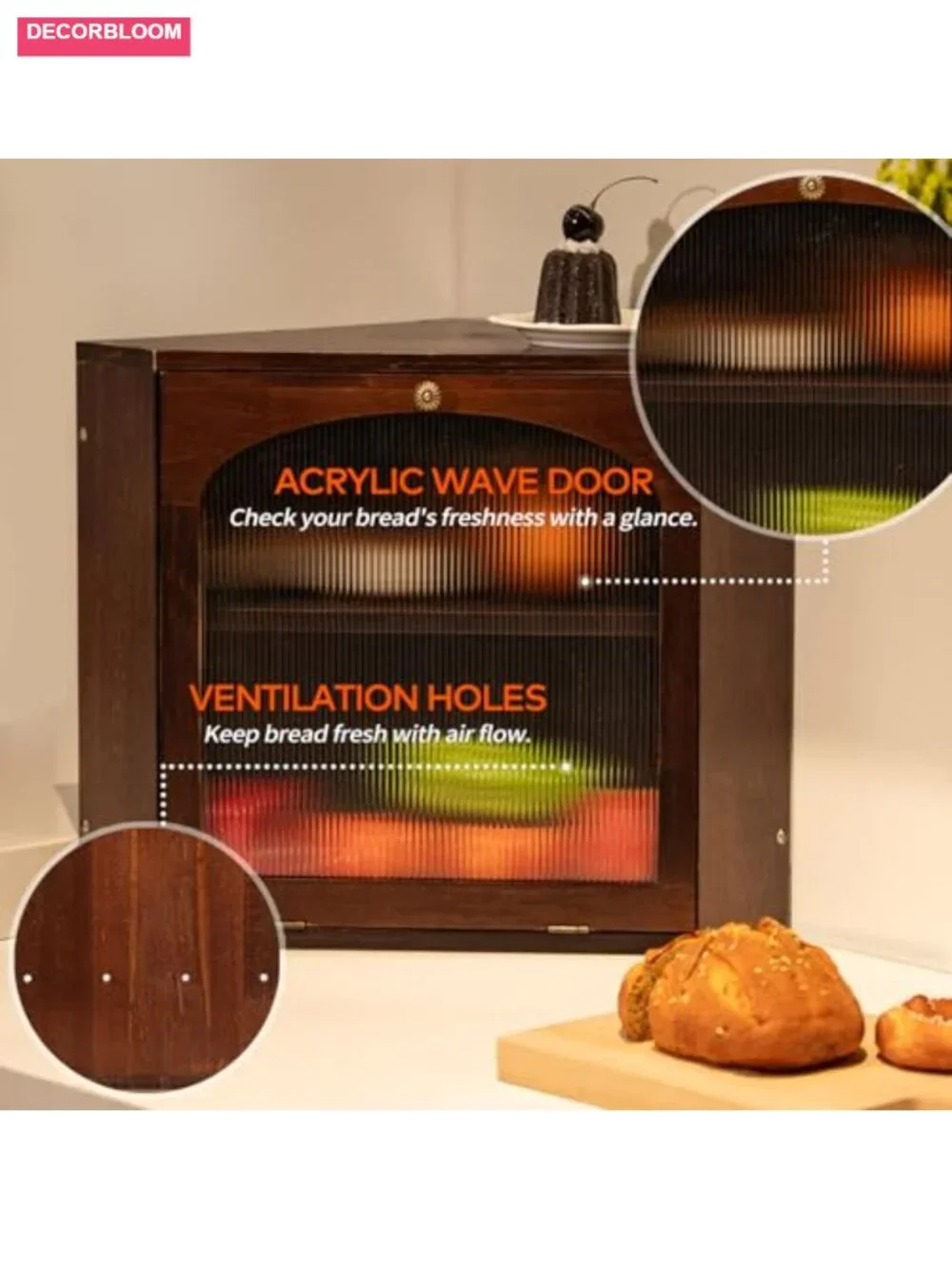 Solid Pine Wood Corner Bread Box with Magnetic Lock